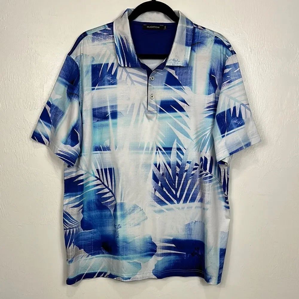 Bugatchi Cotton Blue & White Tropical Short Sleeve Men's Polo Shirt Size XXL